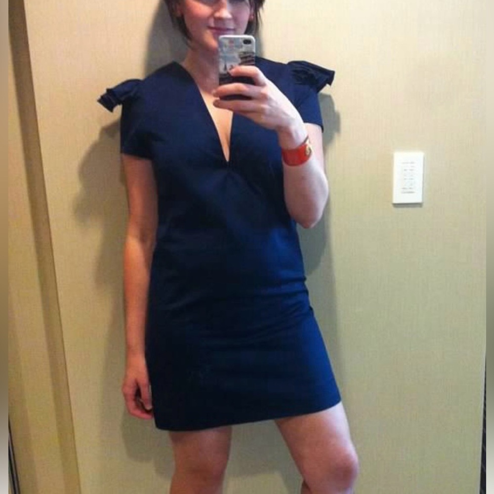 Classic Navy Deep V-Neck Ruffle Sleeve Dress